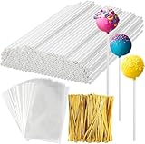 300 Stück Cake Pop Sticks und Wrappers Kit, 100 Stück 15,2 cm Lutscherstäbchen, 100 Stück Gold Twist Bänder, 100 Stück transparente Süßigkeitenbeutel Paket für Lutscher, Süßigkeiten, Pralinen, Kekse
