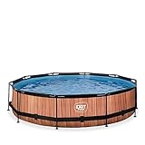 EXIT Toys Wood Pool - ø360x76cm - Großer, Runder Rahmenpool mit Kartuschenfilterpumpe - Leicht Zugänglich - Für Kleinkinder Geeignet - Starker Rahmen - Einzigartiges Design - Braun