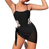 Badehose Jungen Badeanzug für Mädchen mit verstellbaren Trägern, Badeanzug für Mädchen, 1 Stück, runder Ausschnitt, einfarbig, Ausgeschnitten, 1 Stück Seidenschal Schwimmanzug (Black, 9-10 Years)