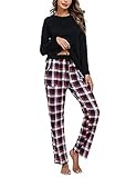 Uniexcosm Schlafanzug Damen Baumwolle Pyjama Set Lang Zweiteiliger Nachtwäsche Raglanärmel Sleepwear und Karierte Pyjamahose Hausanzug Freizeitanzug Stil 1:Schwarz L