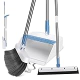 Besen und Kehrschaufel Set mit Bodenschaber, MASTERTOP 3er Kehrbesen Besen Set mit Langem Stiel, Aufrechte Kehrmaschine für Haus, Büro, Lobby, Terrasse (Blau+Weiß)