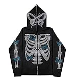 AQQYA Herren Damen Skelett Reißverschluss Strass Kapuzenpullover Gothic Y2K Jacke Grunge Punk Dunkel E-Girl Hoodie, Stil 23, Large