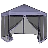 Qnhdfrt Faltpavillon Hexagonal 3,6 x 3,1 m mit 6 Netz-Seitenwänden Dunkelblau Robuster Stahlrahmen & Wasserdichtes Dach für Garten Party Camping Grillabende