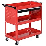 HOMCOM Werkstatt-Rollwagen, Werkzeugwagen mit 3 Ebenen, Transportwagen mit Schublade, Montagewagen für Garage, Lagerhaus, max. 60 kg Belastbar, Rot