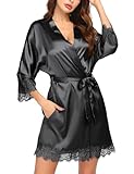 Ekouaer Damen Morgenmantel Kimono Bademantel Satin Nachthemd Nachtwäsche Mit Blumenspitze Schwarz M