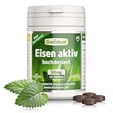 Eisen aktiv, hochdosiert, 50mg - 120 Tabletten, vegan. Eisenbisglycinat - gut verträglich - gegen Müdigkeit & Erschöpfung, Eisenmangel. OHNE künstliche Zusätze - laborgeprüft. Von Greenfood.
