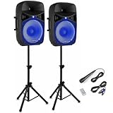VONYX VPS122A PA Lautsprecher Set mit Ständer und Mikrofon, 800 Watt 12 Zoll LED Aktivboxen, Partybox Bluetooth mit Stativen, USB, SD, MP3, PA Anlage Komplettset, DJ Boxen, Stativ Lautsprecherset