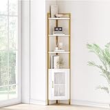 HOCSOK Eckregal mit 4 Ebenen, Industrielles Bücherregal mit Schrank, Weiß Eckregal, Freistehendes Lagerregale aus Holz, für Wohnzimmer, Heimbüro, Flur