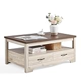 LINSY HOME Farmhouse Couchtisch mit Stauraum, Couchtisch aus Holz für Wohnzimmer, offener Ausstellungsbereich und Aufbewahrungsschubladen mit Metallgriffen, schicker Stil mit gebogenem Fuß, Eiche und