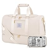 LOVEVOOK Sporttasche Reisetasche Damen, Weekender Travel Duffle Bag mit Kulturtasche, Schuhfach & Nassfach, Wasserdicht Gym Bag Carry on Bag, Handgepäck Tasche für Sport Reisen Flugzeug, Beige
