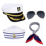 Spinosaurus 4 Stück Kapitänsmütze Zubehör für Erwachsene,Yacht Matrosenmütze Halstuch Seide Sonnenbrille Captain Sailor Hat Fastnacht Kostüm Zubehör