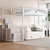 Kinderbett Etagenbett 90x200, Hochbett Hausbett mit austauschbar Treppe&Aufbewahrungsschrank, Metallbett Funktionsbett Einzelbett Stockbett Jugendbett Spielbett mit Rausfallschutz&Lattenrost, Weiß