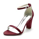 HFWXYSA Damen Offene Zehe Sandalen Mit Absatz Mode Block Chunky Heel Braut Pumps Knöchelriemen Satin Party Brautkleid Schuhe,Burgundy,41 EU