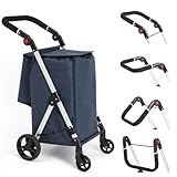 LEUYA ABC Einkaufstrolley, 46L Trolly Einkaufswagen Klappbar, 4 Rädern Aluminium Leichtgewicht Einkaufstrolley, mit Isolierter Kühltasche, Stabil und Leicht zu Verstauen Einkaufswagen (Blau)