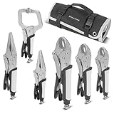 STAHLWERK Gripzangen Set 6-teilig Klemmbereich einstellbar – Langbeck-Gripzangen 165/241 mm, Gripzangen mit gebogenen Backen 127/178/254 mm, C-Klemme 152mm, Ergonomische TPR Griffe, inklusive Rolltasc
