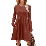 FUPODD Damen Strickkleid Knielang Winter Pulloverkleid Hohe Taille Geripptes Winterkleid Damen Elegant Strick Frühlingskleid Langarm Herbstkleid Mit Taschen Gestricktes Kleider Casual Kleid Rundhals