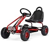 FANTASK Gokart mit verstellbarem Sitz, Go Cart mit Handbremse, Tretauto bis 30 kg belastbar, Kinderfahrzeug für Kinder von 3-6 Jahren (Rot)