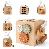 WOODEN TEETHER Montessori Motorikwürfel holzspielzeug Montessori Spielzeug 6 in 1（Naturholzfarbe Aktivitätswürfel）