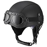 Retro Motorrad Halbhelme Leder Halbhelm Deutscher Stil Roller Cruiser Chopper Anti-Collision Helm Abnehmbarer Gehörschutz mit Visier ECE Zertifiziert Roller-Helm Scooter Mofa-Helm