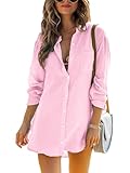 Cicy Bell Damen Langärmel Bluse Sommer Musselin Tops Baumwolle Casual Button Down Shirt Kleid Tops Loose Tunica Strandkleid Bikini Cover Up(Rosa,M)