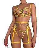 Mingnos Floral Stickerei Dessous Set für Damen Sexy Reizwäsche Bügel BH und G-String mit Strumpfband Gürtel Gelb, M