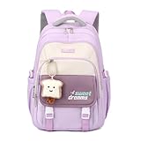 Amythe Schulrucksack Teenager - 36L Schulranzen für Mädchen 3. - 5. Klasse, Großer Rucksack für Mittel- und Oberstufe, Lässiger Kinderrucksack mit Süßem Anhänger und Trolleyband, Lila