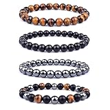 HAMKU 4 PCS magnetarmband damen Magnetische Armband magnet armband damen Unisex Hämatit Therapie Stein Runde Perlen Stretch Armreif für Gewichtsverlust Abnehmen Anti-Müdigkeit Schmuck