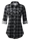 DJT Damen Weiches Gestrick Karierte Bluse Langarm 3/4 Roll Up Ärmel Hemdbluse Button-down Blusen Schwarz XL