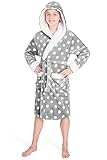 CityComfort Bademantel Kinder Mädchen, Fleece Morgenmantel Kinder Dressing Gown mit Punkten(Grau, 13-14 Jahre)