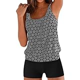 Tankini Damen Bademode Bauchweg Push Up Oberteil mit High Waist Badeshorts Zweiteilig Set Drucken Badeanzug Strandmode Große Größen Schwimmanzug Sommer Badeanzüge Tank Top mit Shorts (Grau, XXXXL)