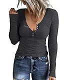 APOFER Damen Langarm Tunika Shirts Druckknopf Slim Fit Tops U-Ausschnitt Rippstrick Henley Shirts, grau dunkel, Medium
