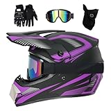 Jugend Kinder Integral Motocross Helm, mit Brille/Masken/Handschuhe, Unisex Doppelsport Offstraße Enduro Motorrad Absturz Helme, Bergab BMX MTB ATV Rennen Quad Dirtbikes Helm(Purple,S/52-53CM)
