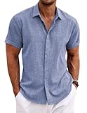 COOFANDY Herren Hemd Kurzarm Sommer Leinen Hemd Regular Fit Bügelfrei Leinenhemd Tiefes Blau L