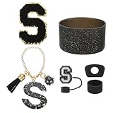 QUARKZMAN 6 Stück Becher Zubehör Set Für Becher Tumbler Mit Griff Inklusive Silikon Strohhalm Deckel Fuß Auslaufschutz Stopper Griff Charm Initialen Aufkleber (Buchstabe S Schwarz)