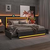 BRILVERDE Bett mit Stauraum, 140 x 190 cm, mit Aufbewahrungsschubladen, mit LED und USB, Bett mit Lattenrost und Kopfteil, für Erwachsene und Jugendliche, Leinen (Grau, 140 x 190 cm)