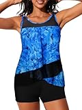 Summer Mae Tankini-Badeanzug für Damen, Netzstoff, mehrlagig, Rüschen, zweiteilig, Bauchkontrolle, sportliche Taschen, Shorts, Blaues Universum, 44