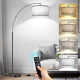 OUTON Bogenlampe Wohnzimmer, Dimmbar LED Stehlampe mit 40cm Grau Lampenschirm, Fernbedienung und Fußschalter, 4 Farbtemperaturen, Timer und Speicher, 12W Schwarz Standleuchte für Schlafzimmer Büro
