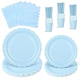 NatNarr 125 StüCk Partygeschirr Set für 25 Gäste, Partygeschirr Blau inklusive Geburtstag Teller Set, Becher, Servietten und Papierstrohhalme für Geburtstag Hochzeiten Babypartys