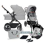 Kinderkraft B-TOUR Kombikinderwagenset 3 in 1 komplettset, Kinderwagen bis 22 kg mit Kindersitz I-SIZE 40-75 cm, großen XL-Sitz, wasserdichtes Verdeck mit UPF50+ Filter, Silber grau