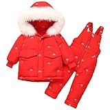 LSHDCER Schneeanzug für Babys, Ski-Kostüm, Winter, Jungen, Mädchen, 2-teiliges Set, Jacke mit Kapuze und Pelzkragen + Daunenhose, rot, 1-2 Jahre