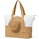 Reiseresa Strandtasche Damen Groß mit Reißverschluss XXL Badetasche Saunatasche Reisetasche Shopper für Strand Reisen Einkaufen Sport u.Arbeit, Strobeige (Leinen)