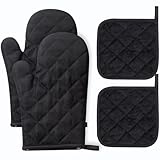 katmerio Ofenhandschuhe Topflappen 4er Set, Mikrowellen Handschuhe Ofenhandschuhe, Hitzebeständig bis 230°C, Backhandschuhe Anti-Rutsch Kochhandschuhe zum Kochen, Backen und Grillen (Schwarz)