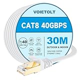 VOIETOLT Cat8 Lan Kabel 30M mit Clips, 40Gbps/2000MHz Flach Schirmung Hochgeschwindigkeit Netzwerkkabel, STP RJ45 Gigabit Cat-8 Ethernet Kabel für PS4/5, für Modem, für Router (weiß)