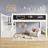 Huayz Kinderbett Hochbett mit Whiteboard&Tafel,Speicherung und Rausfallschutz 90 x 200 cm, Weiss Hochbett für Kinder– Lattenrost- Weiß(Ohne Matratze)
