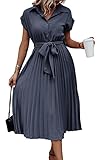 ASOMI Sommerkleid Damen Hemdkleid Kurzarm: Elegant Kurzarm Strandkleid Büro Wickelkleid Mode Tasche Hemdblusenkleid Lässig Blusenkleid Midikleid Knopf Plisseekleid V-Ausschnitt Gürtel B-Graublau L