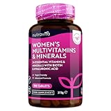 Multivitamine & Mineralien für Frauen - 24 essentielle aktive Vitamine & Mineralien mit zusätzlicher Hyaluronsäure - 180 vegane Tabletten - keine synthetischen Füllstoffe oder Bindemittel - Nutravita