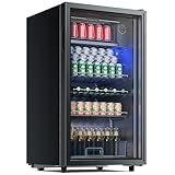 TRIUMPHKEY Getränkekühlschrank, 85 Liter getränkekühlschränke mit blauer LED-Beleuchtung, mit Ganzglas-Tür Bierkühlschrank, mit 3 Einlegeböden und Flaschenregal für Soda/Bier/Wein