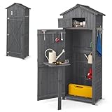 HOMASIS Gerätehaus Holz, Gartenschrank Outdoor wetterfest, Geräteschuppen mit faltbar Tisch & 8 Haken, Gartenhaus mit Satteldach, Geräteschrank Gartenschuppen Holzhaus Holzschuppen (Grau)