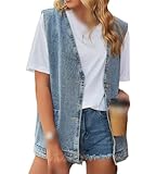 LApooh Denim Weste-Vintage Gewaschene Denim-Weste Mit V-Ausschnitt, Kurze Damen-Jeansweste, Übergröße, Jeansjacke, Verkürzte Freizeit, Sommer, Frühling, Jeansjacke, Knopfleiste, Oberteil, Blau, 3XL