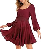 Beluring Kleider Damen Elegant Langarm Minikleid Eckiger Ausschnitt Tunika Blusenkleid Weinrot L